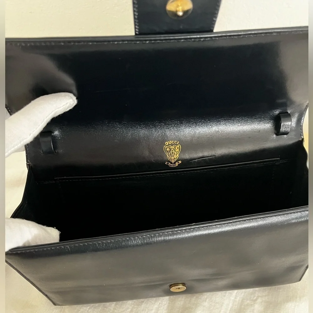 Rare Vintage Gucci Shoulder Clutch Bag Black Leather 1970s